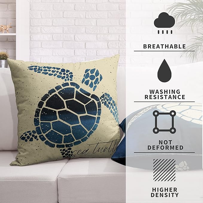 Beach Room Decor Pillow Covers Nautical Coastal Sea Turtle Throw Pillowcase 18x18 Set of 2 Blue Beige Square Linen Pillow Covers for Living Room Car Outdoor