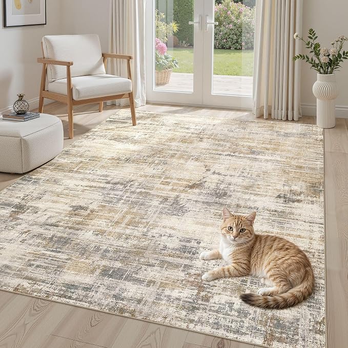 UERMEI 4x6 Washable Area Rug for Living Room: Modern Neutral Abstract Soft Low Pile Carpet Non-Slip Pet Kids Friendly Indoor Decor for Bedroom Dining Room Home Office Nursery Golden Brown