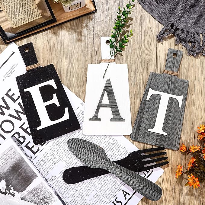 Jetec Cutting Board Eat Sign Set Hanging Art Kitchen Eat Sign Farmhouse Fork and Spoon Wall Decor Rustic Primitive Country Kitchen Decor for Home over Cabinet Decoration(Black, White, Gray)