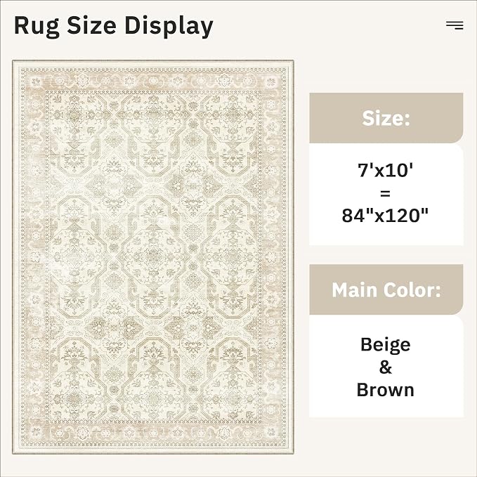 Soalmost 7x10 Area Rug for Living Room Washable Abstract Vintage Soft Thin Indoor Floor Non-Slip Carpet for Bedroom Dining Room Beige/Brown