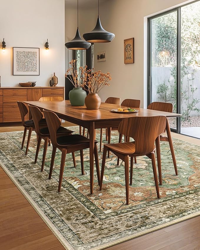 RELEANY Area Rugs 8'x10' Washable Non-Slip, Floral Vintage Distress Print Pattern Medallion Carpet for Living Room Bedroom Dining Room, Brick Red Rust Neutral Brown Burnt Orange Green