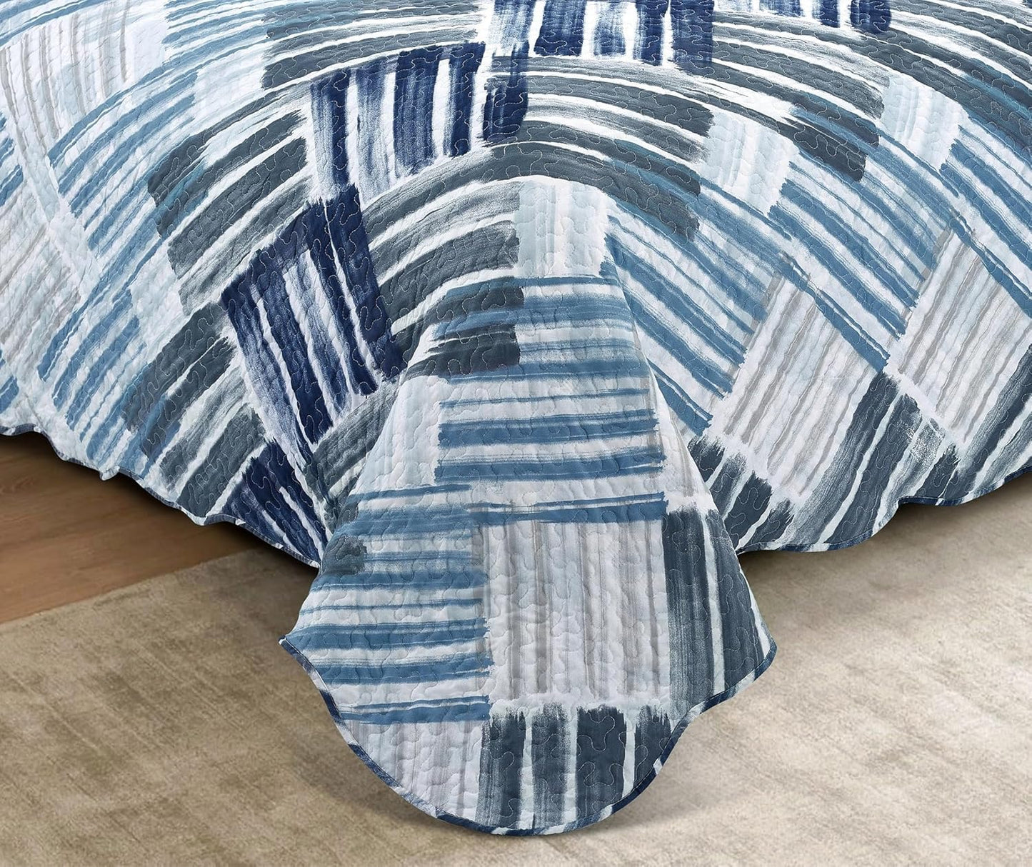 Brilliant Sunshine Blue and Grey Stripe Blocks Patchwork, 3-Piece Quilt Set with 2 Shams, Reversible Bedspread, Soft Lightweight Coverlet, All-Season, King, Blue Grey