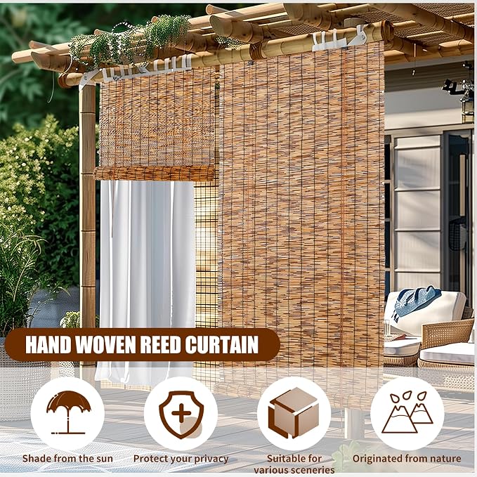 Reed Roller Blinds Shades, Vertical Lifting and Breathable Waterproof Design, Sun Shade and Ventilation, Easy Installation,36" Wx72 H