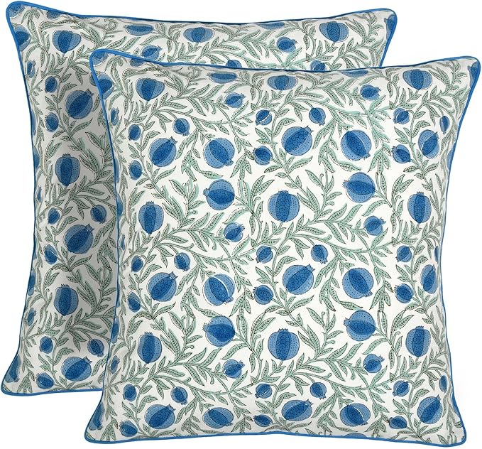 Ridhi Block Print Queen Blue Pillow Cover 16" x 16" (Pack of 2) Decorative Couch Pillows for Living Room, Chic Boho Cute Outdoor Pillows Covers Gifts for Spring, Easter and Valentine