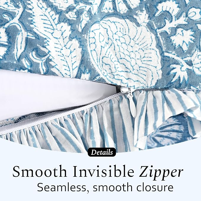 CPC Blue Meadow Hand Block Print 100% Cotton Ruffle Throw Pillow Cover 18x18 inch with Hidden Zipper Decorative for Couch, Bed, Sofa, Farmhouse, Cottagecore Decor Gift Christmas Fall Thanksgiving