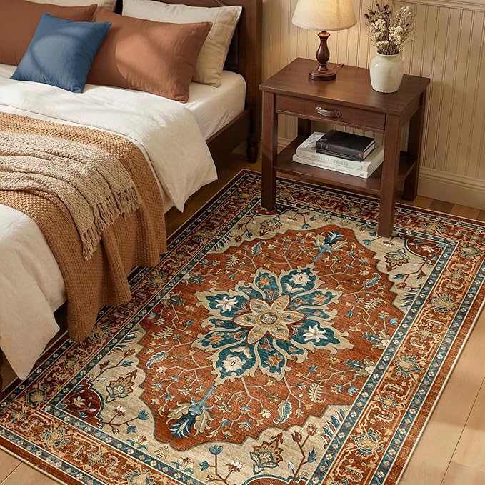 RELEANY Area Rugs 3'x5' Washable Non-Slip, Floral Vintage Distress Print Pattern Medallion Carpet for Living Room Bedroom Dining Room, Red Orange Blue Brown