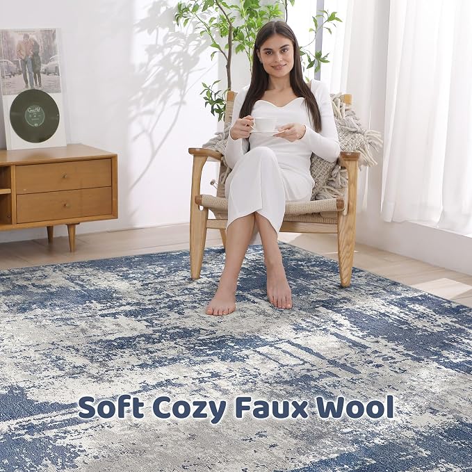 10x14 Area Rugs Living Room: Washable Large Abstract Modern Soft Rug Stain Resistant Indoor Floor Non Slip Accent Carpet for Bedroom Nursery Playroom Office Dining Room Dorm Home House- Navy Grey