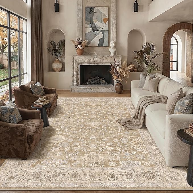 9x12 Taupe Washable Area Rug for Living Room Bedroom Neutral Soft Floral Non Slip Large Throw Rug Lightweight Vintage Low Pile Distressed Carpet Office Playroom Dining Room Home Decor