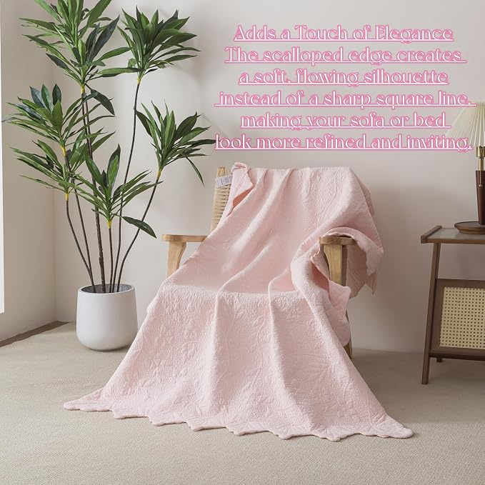 Brandream Pink Scalloped Edge Quilt Cotton Quilted Throw Blanket for Bed Couch Daybed 47 X 60 Inch Decorative Throw Blankets