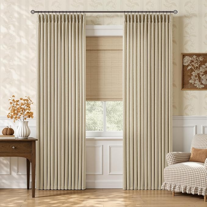 Oatmeal Pleated Linen Curtains 84 Inches 2 Panels Set for Bedroom Office Farmhouse Warm Beige Sand Linen Textured Semi Sheer Privacy Pinch Pleat Curtain 84 Inch Memory Training Back Tab Drapes 40x84