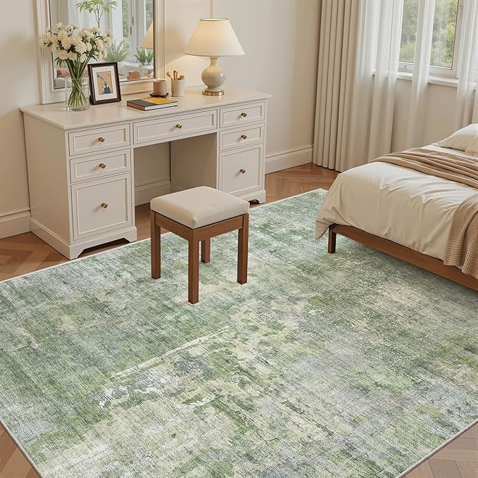 Soalmost 5x8 Area Rugs Green/Ivory Low Pile Indoor Washable Trendy Faded Style Rugs for Bedroom Living Room Dining Room Foldable Non-Slip Thin Print Home Office Mat