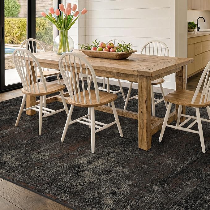 Black 5x8 Washable Area Rug for Living Room & Home Office, Non-Slip Low Pile Dark Rug for Bedroom & Dining Room, Stain Resistant Distressed Volcanic Charcoal with Red Accents, Modern Farmhouse Design