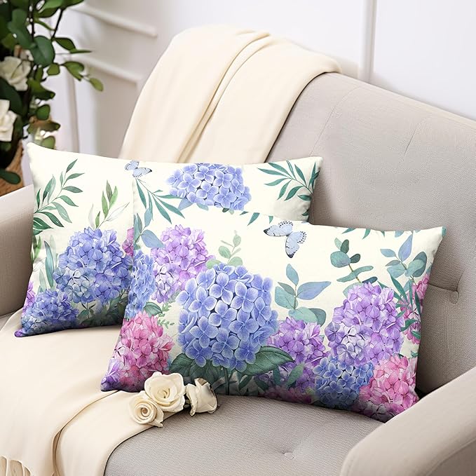 Hydrangea Lumbar Pillow Covers 12x20 Set of 2 Spring Flowers Outdoor Pillow Covers Blue Purple Hydrangea Eucalyptus Throw Pillowcase Cotton Linen Cushion Case for Sofa Outdoor Patio