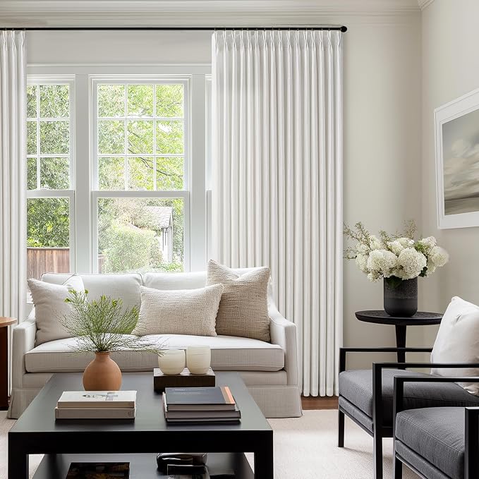 Beige White Pinch Pleated Linen 98 Inch Curtains 2 Panels Set for Living Room Bedroom Boho Farmhouse Memory Training Semi Sheer Light Filtering Window Drapes with Hooks & Rings for Dining Room 50x98