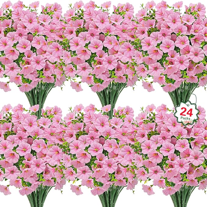 Ouddy Decor 24 Bundles Artificial Flowers for Outdoors, Fake Petunias Flowers Silk Morning Glory with Eucalyptus Faux Plants for Indoor Outside Spring Summer Yard Garden Porch Home Decor, Pink