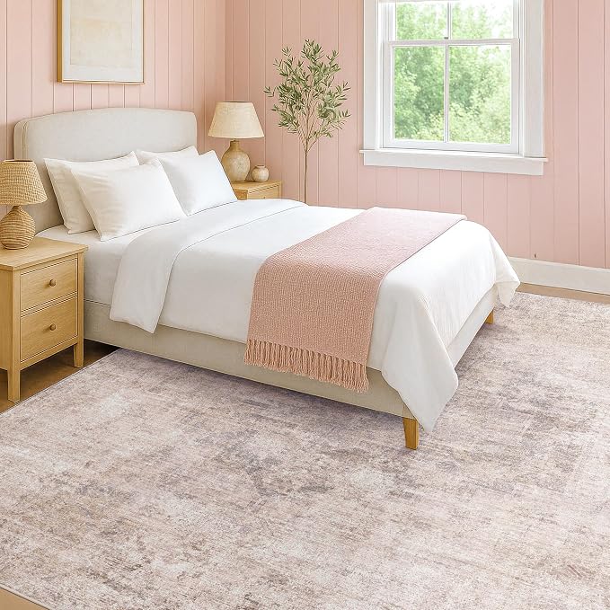 Hazo Haus Modern Washable Bedroom Area Rug 5x8, Abstract Rugs for Living Room, Dining Room, Kids Room Girls, Pink and Grey Distressed Medallion Pattern, Non Slip Low Pile Stain Resistent