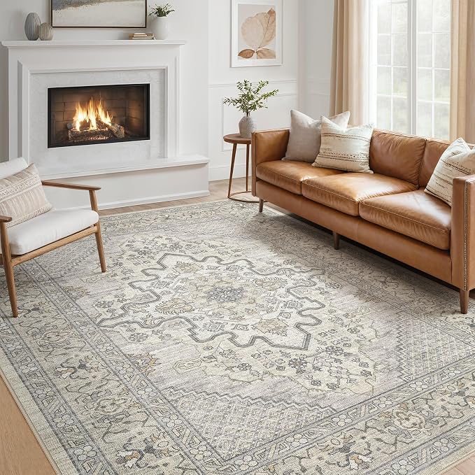 Tortania Area Rug Living Room Rugs - 9x12 Washable Boho Rug Vintage Oriental Distressed Farmhouse Large Thin Indoor Carpet for Living Room Bedroom Under Dining Table Home Office - Beige Linen