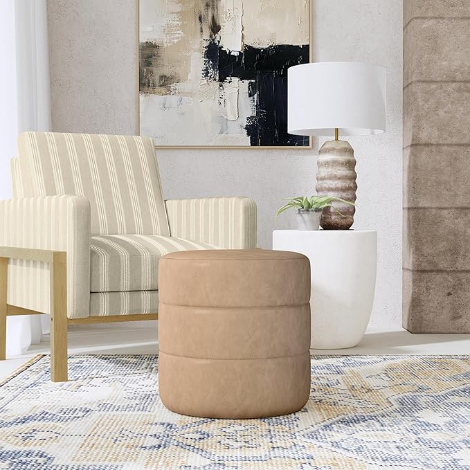 HomePop Upholstered Faux Leather Round Ottoman (No Lid, Seat Only) | HomePop Home Décor | Round Pouf Foot Rest – Sand Faux Leather