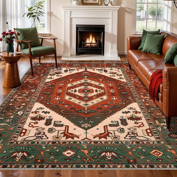 SERISSA 6x9 Area Rugs for Living Room, Large Washable Non-Slip Boho Rug, Ultra Soft Vintage Terracotta Green Oriental Tribal Print Distressed Carpet for Dining Room Bedroom Dorm Office Home Decor