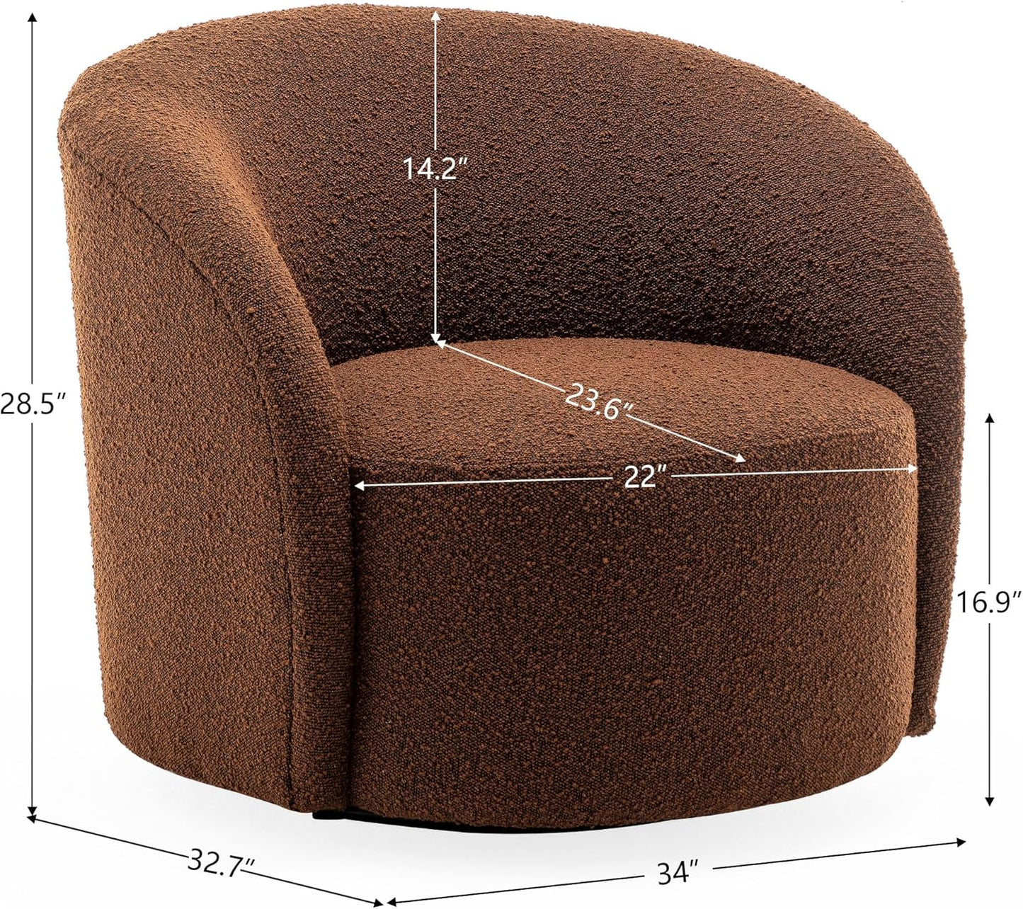 KINWELL 34" W Swivel Barrel Chair Set of 2, Mid Century Modern Round Upholstered Boucle Swivel Accent Chairs, No Assembly Sofa Chair for Living Room Bedroom Reading, Brown