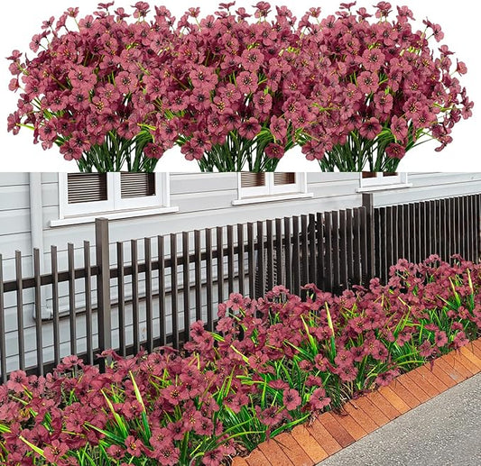 LikSoor 21 Bundles Artificial Outdoor UV Resistant Flowers No Fade Fake Outside Flowers Plastic Greenery Faux Shrubs Garden Porch Window Box Home Decoration (Wine Red)
