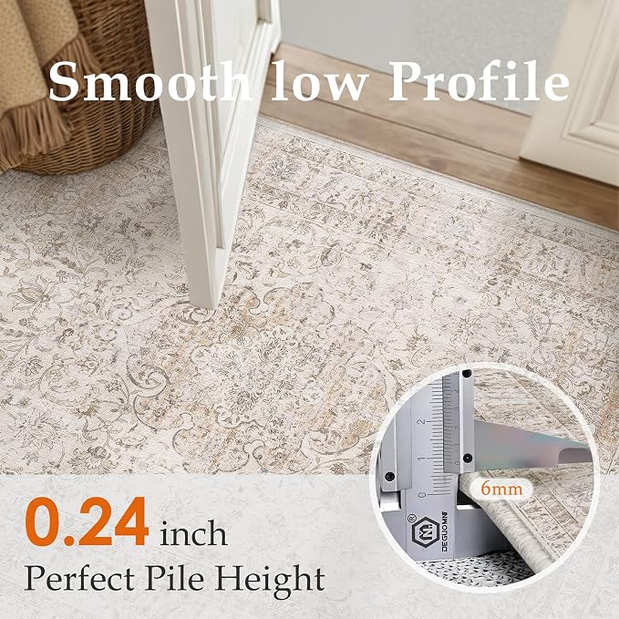 12x15 Washable Area Rug Beige Vintage Non Slip Soft Low Pile Rug for Living Room Bedroom Dining Room Office Distressed Oriental Indoor Extra Large Throw Carpet for Home Decor