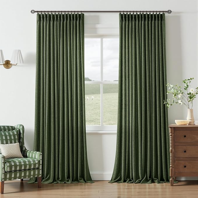 Olive Green Linen Curtains 108 Inch Length Pinch Pleated Flax Linen Semi Sheer Window Curtains for Living Room Bedroom 2 Panels Set Vintage Rustic Back Tab Memory Training Shaped Drapes 40x108