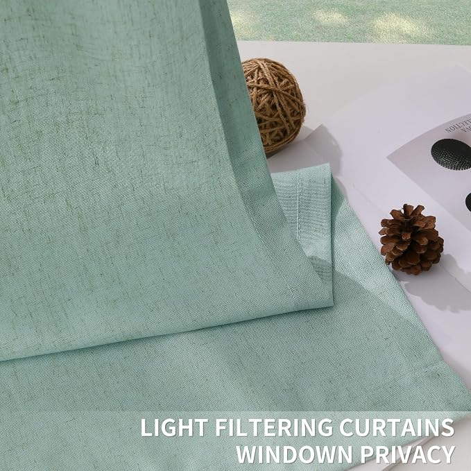 Aqua Green Pinch Pleated Linen Curtains 90 Inches Long Elegant Boho Farmhouse Semi Sheer Textured Linen Blended Light Filtering Curtain for Living Room Bedroom Pleated Drapes with Hooks Rings 40x90