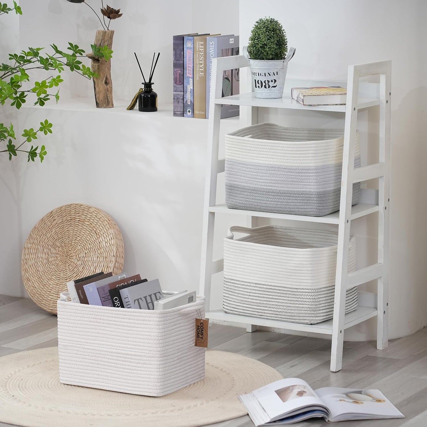 COMFY-HOMI Cotton Rope Woven Basket with Handles for Shelves,Toys,Book, Cloth Storage Baskets Bin for Organizing-13.5"x11"x9.5" Toy Decorative Organizer for Living Room, Bathroom-All White