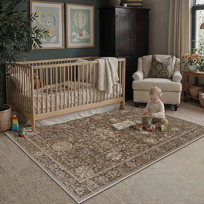 HUGEAR Area Rugs 3x5 Brown Washable Rug for Living Room Bedroom Neutral Vintage Rug Carpet Distressed Soft Durable Non Slip No Shedding for Indoor Dining Nursery Farmhouse