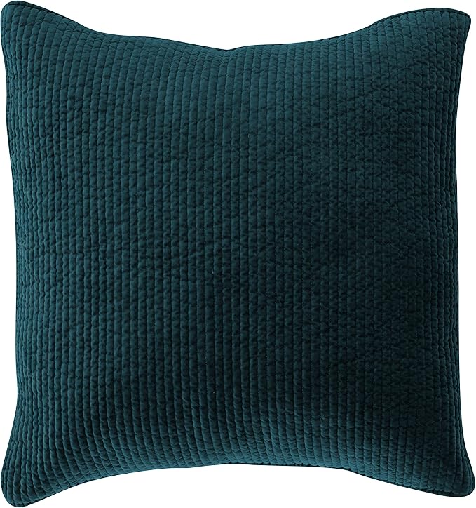 HiEnd Accents Stonewashed Velvet Quilted Euro Sham, 27x27 inch, Deep Blue Solid Color, Classic Traditional Rustic Style Luxury Bedding
