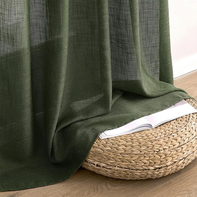 MIULEE Olive Green Linen Curtains 63 Inch Length 2 Panels for Bedroom Living Room, Soft Thick Linen Textured Kitchen Window Drapes Semi Sheer Light Filtering Back Tab Rod Pocket Burlap Look Decor