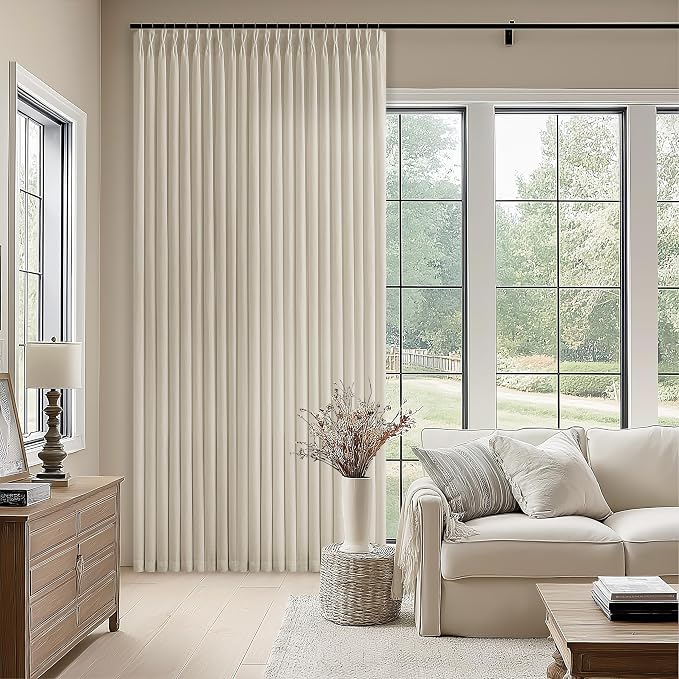 Beige Extra Wide Pinch Pleat Linen Curtains 84 Inches Long for Living Room Sliding Glass Door 70 Inch Wide Curtain Farmhouse Memory Shape Pleated Drape Rings Hooks 70x84 Curtain for Large Window