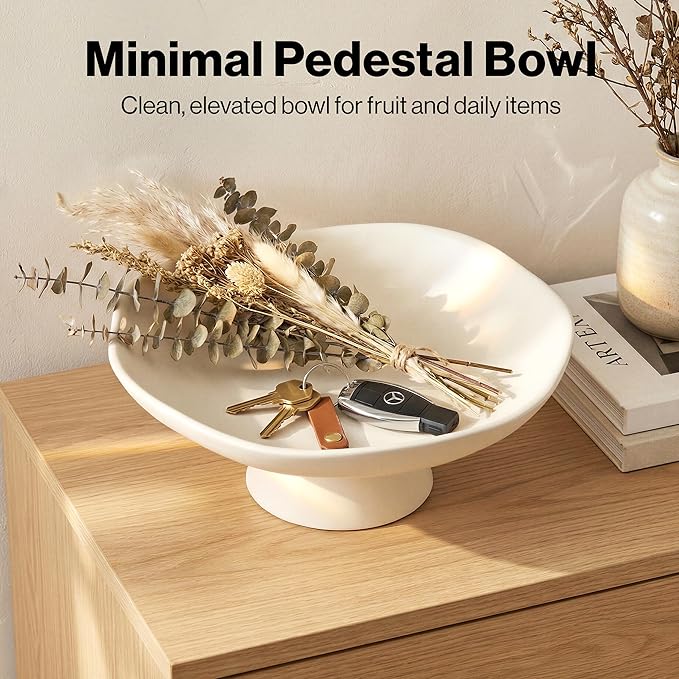 EDELHAUS Modern Concrete Fruit Bowl for Kitchen Counter – Cream White Decorative Pedestal Bowl, 11.2” Wide Minimalist Fruit Tray for Home Décor, Table Decor, Entryway Key Bowl