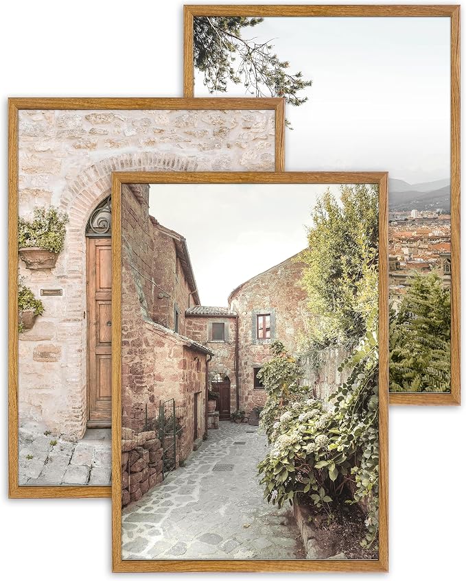 UPWOIGH Italy Travel Framed Wall Art, 16 x 24 Inch, Set of 3 | Florence Skyline, Tuscan Alley and Rustic Door Prints, Warm Neutral Tones, Light Wood Frames for Living Room and Office