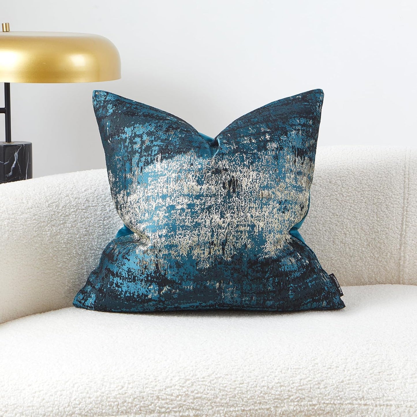 THE-TINOART Teal & Gold Embroidered Jacquard Pillow Cover 18x18 - Luxury Reversible Decorative Throw Pillow Cover with Gold Thread & Velvet Backing, Elegant Holiday Home Décor