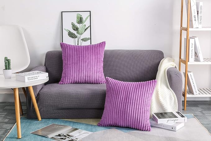 TangDepot Velvet Big Corduroy Pillow Covers 20x20 Light Purple 2-Pack | Soft wide-stripe corduroy pillow cover, hidden zipper, machine washable, easy refresh, for bedroom living room indoor outdoor