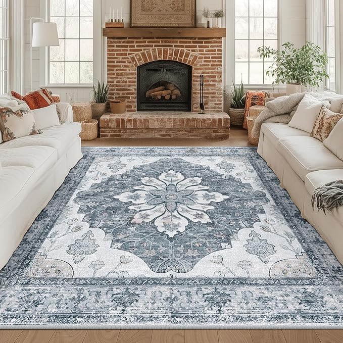 RELEANY Area Rugs Square 8ft Washable Non-Slip, Floral Vintage Distress Print Pattern Medallion Carpet for Living Room Bedroom Dining Room, Light Gray Grey White
