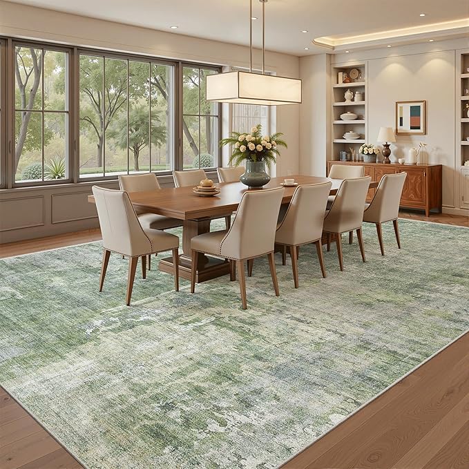 Soalmost Abstract Rug 8x10 Large Living Room Rugs Neutral Modern Washable Area Rugs for Bedroom Dining Room Non-Slip Stain Resistant Foldable Thin Rug Green
