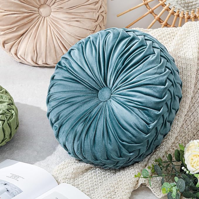 Drydiet 1 Pcs Round Throw Velvet Pillows Decorative Pleated Throw Pillows Diameter Accent Pumpkin Boho Chair Cushion for Couch Sofa Home Decoration (Dusty Blue,15'')
