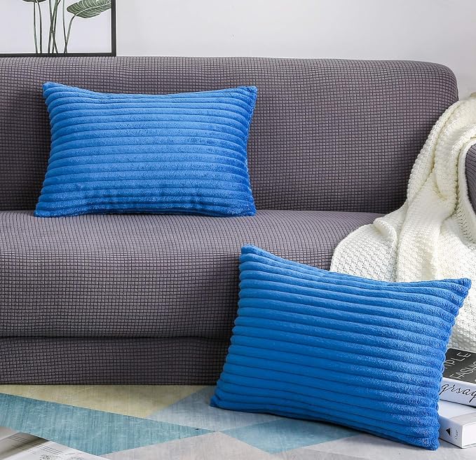 TangDepot Velvet Big Corduroy Pillow Covers 12x24 Blue 2-Pack | Soft wide-stripe corduroy pillow cover, hidden zipper, machine washable, easy refresh, for bedroom living room indoor outdoor