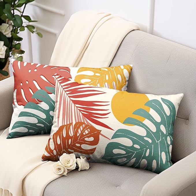 Set of 2 Summer Tropical Leaves Lumbar Throw Pillow Covers Palm Banana Leaf Pillow Covers 12x20 Abstract Sun and Monstera Leaf Cushion Case for Sofa Patio Indoor Outdoor Decor