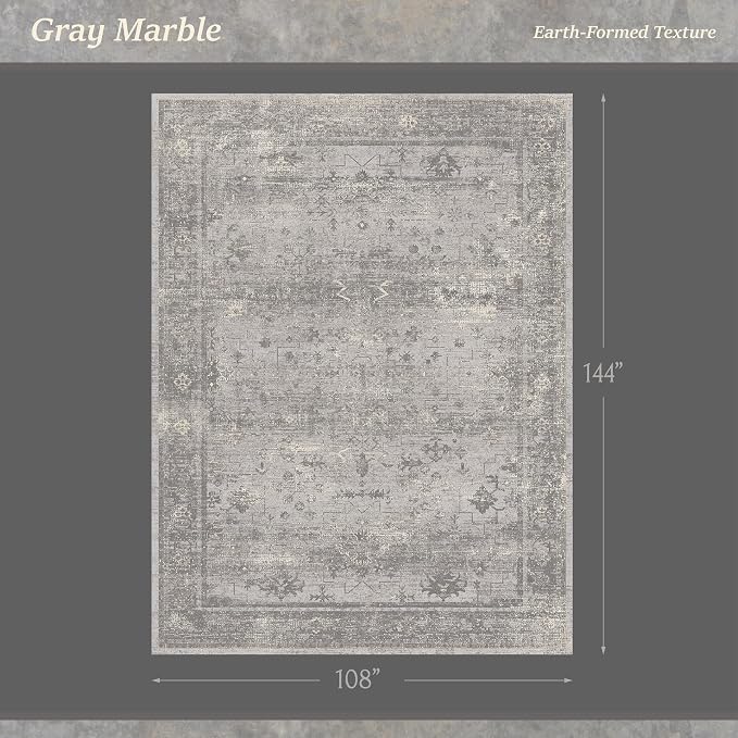 9x12 Washable Area Rug for Living Room - Extra Large Gray Abstract Modern Rug, Non-Slip Low Pile Grey Vintage Distressed Carpet for Oversized Furniture & Open Floor Plans