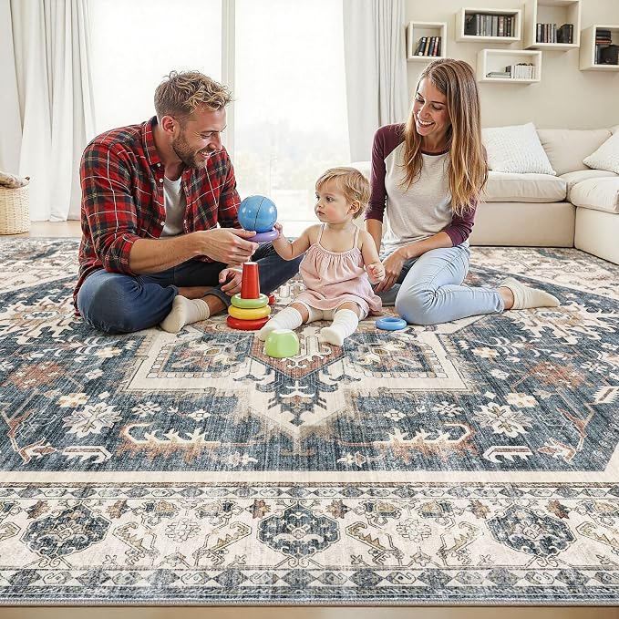 10x14 Area Rugs for Living Room - Large Carpet Ultra Thin Soft Washable Oriental Vintage Floral Distressed Rug Big Indoor Carpets for Bedroom Nursery Dorm Home Decor Aesthetic - Vintage Blue