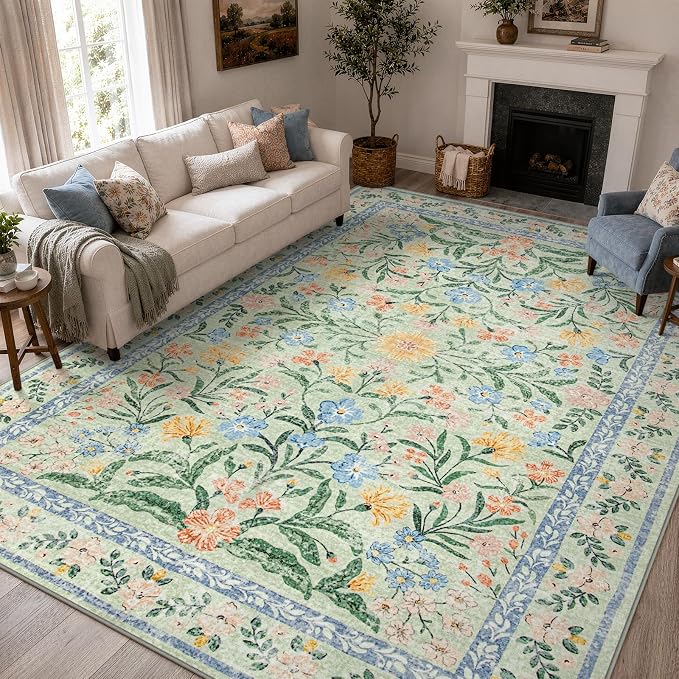 Wonnitar Machine Washable Area Rugs 9x12, Soft Sage Green Floral Rug for Living Room Bedroom, Ultra-Thin Large Foldable Boho Carpets for Playroom Classroom Dining Room