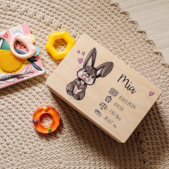 Creative Deco Personalized Wooden Storage Box Baby Memory Box | 11.8 x 7.87 x 5.51 in (+-0.5) | Hinged Lid Handle Engraving | Unpainted Gift Box | Rough UNSANDED Keepsake Souvenir Chest