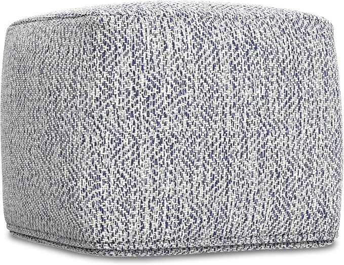 SIMPLIHOME Nate Square Pouf - 18 inch Wide Upholstered Handwoven Cotton Ottoman in Blue, Boho Footstool or Extra Seating for Living Room or Bedroom with Polystyrene EPS Beads, Assembled