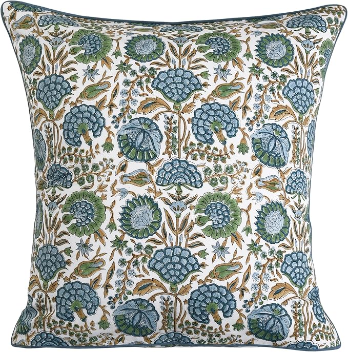 Ridhi Block Print Asparagus Green Pillow Cover 20" x 20" (Pack of 2) Decorative Couch Pillows for Living Room, Chic Boho Cute Outdoor Pillows Covers Gifts for Spring, Easter and Valentine