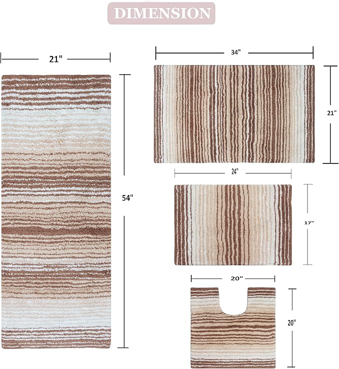 Home Weavers 100% Cotton Gradiation Collection Bathroom Décor | Washable Rug | Bathroom Mat | Kitchen Mat | Bathroom Rug Set | Bath Mat Set | Bath Floor Mat Non Slip, 4 Piece Set with Runner, Beige