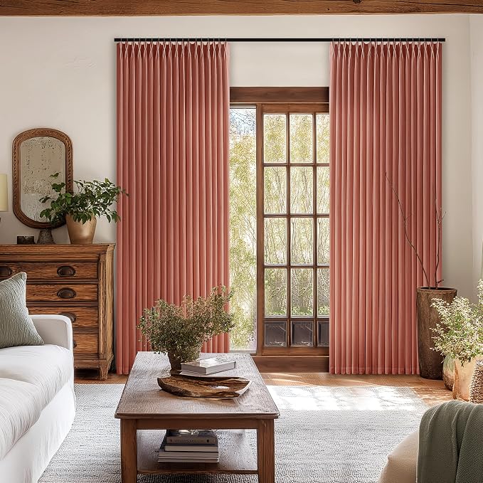 Terracotta Pinch Pleated Linen Curtains 63 Inch Length 2 Panels Set for Bedroom Dining Room Kitchen Semi Sheer Linen Boho Retro Farmhouse Small Window Curtains 63 Inches Long Burnt Orange Autumn Fall